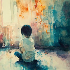 Illustration: Ein Kind mit gebeugtem Kopf sitzt allein in einem Raum.
