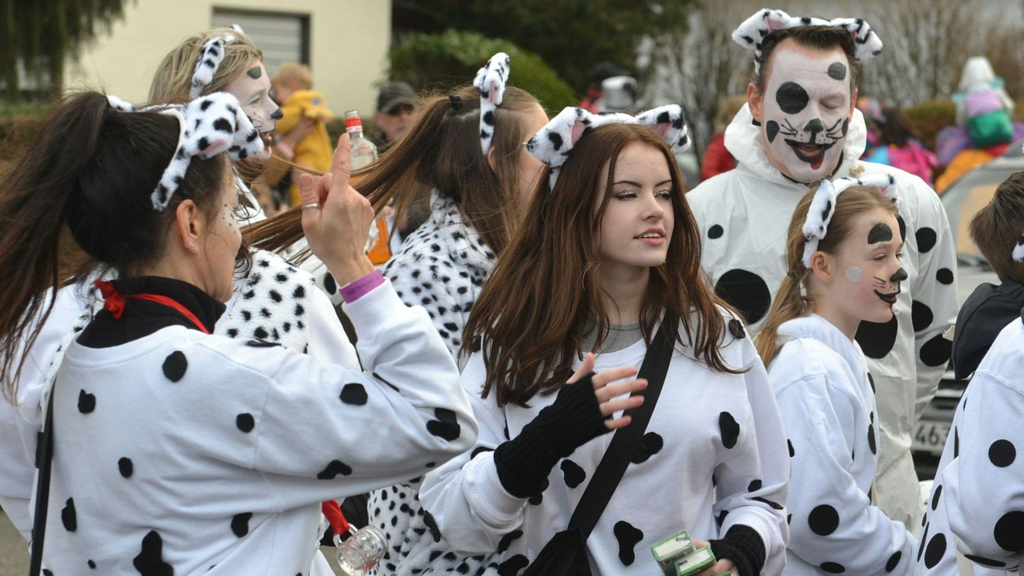 Das Bild zeigt eine Gruppe von Jecke, die als Dalmatiner verkleidet sind.