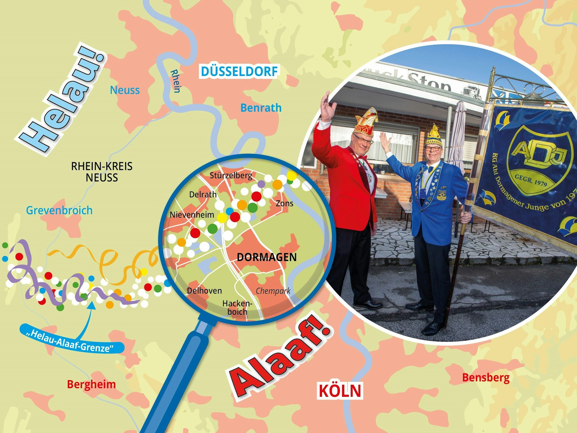 Markus Fillinger (l.) und Jens Wagner (r.), Präsidenten von Karnevalsgesellschaften aus Dormagen, das mitten auf der Helau-Alaaf-Grenze im Rheinland liegt.