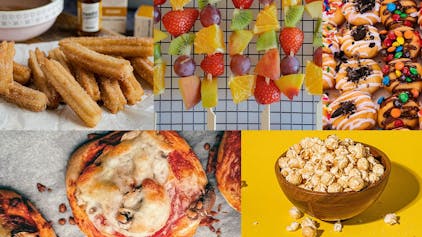 Collage von Snack-Ideen wie Churros, Fruchtspieße, Mini Donuts, Mini Pizzen, Popcorn