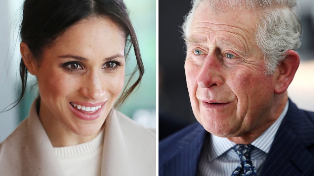 Die Bildkombo aus dem Jahr 2018 zeigt den damaligen britischen Thronfolger Prinz Charles (r) und die die damalige Verlobte von Prinz Harry, Meghan Markle.