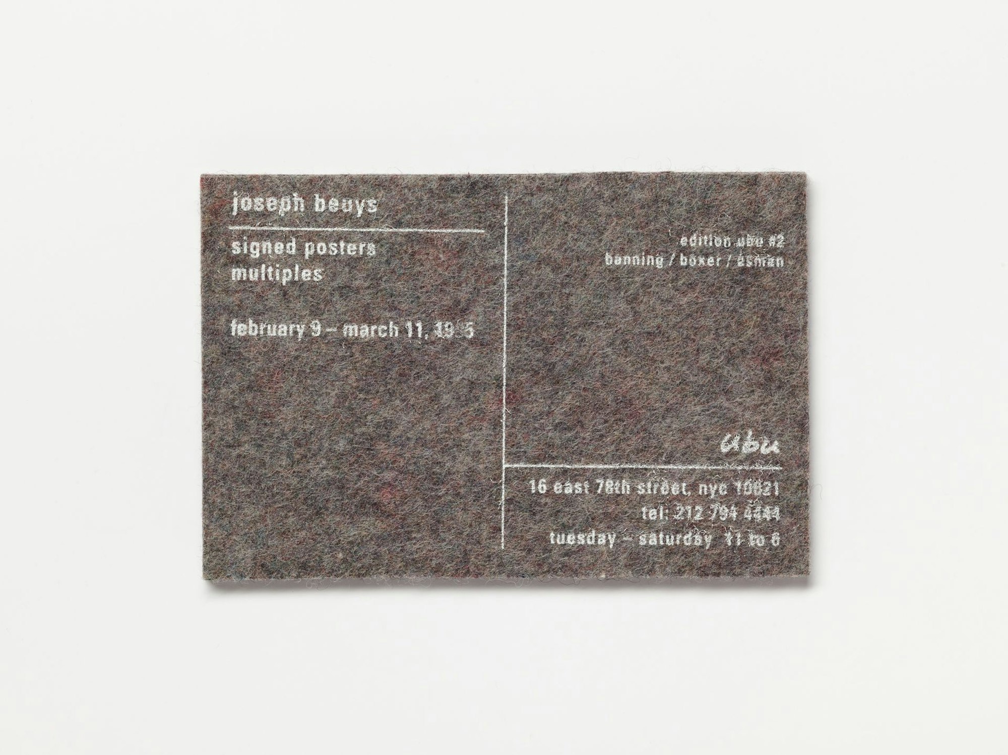 Einladung für eine Ausstellung mit Werken von Joseph Beuys in New York 1996.
