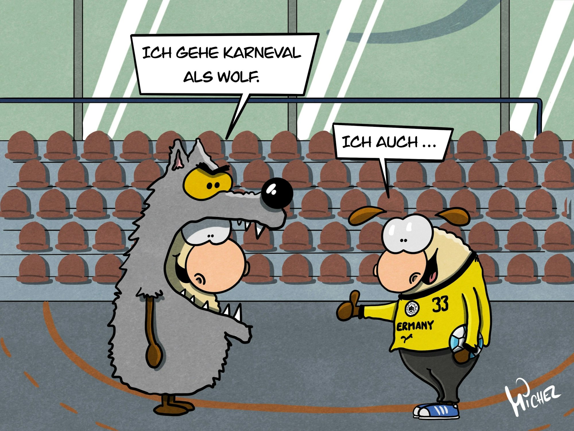 Zwei Schafe stehen in einer Handballhalle. Eines ist in einem Wolfskostüm verkleidet und sagt: „Ich gehe Karneval als Wolf.“ Das andere trägt ein gelbes Torhüter-Trikot mit der Nummer 33 des Handballers Andreas Wolff und sagt: „Ich auch …“