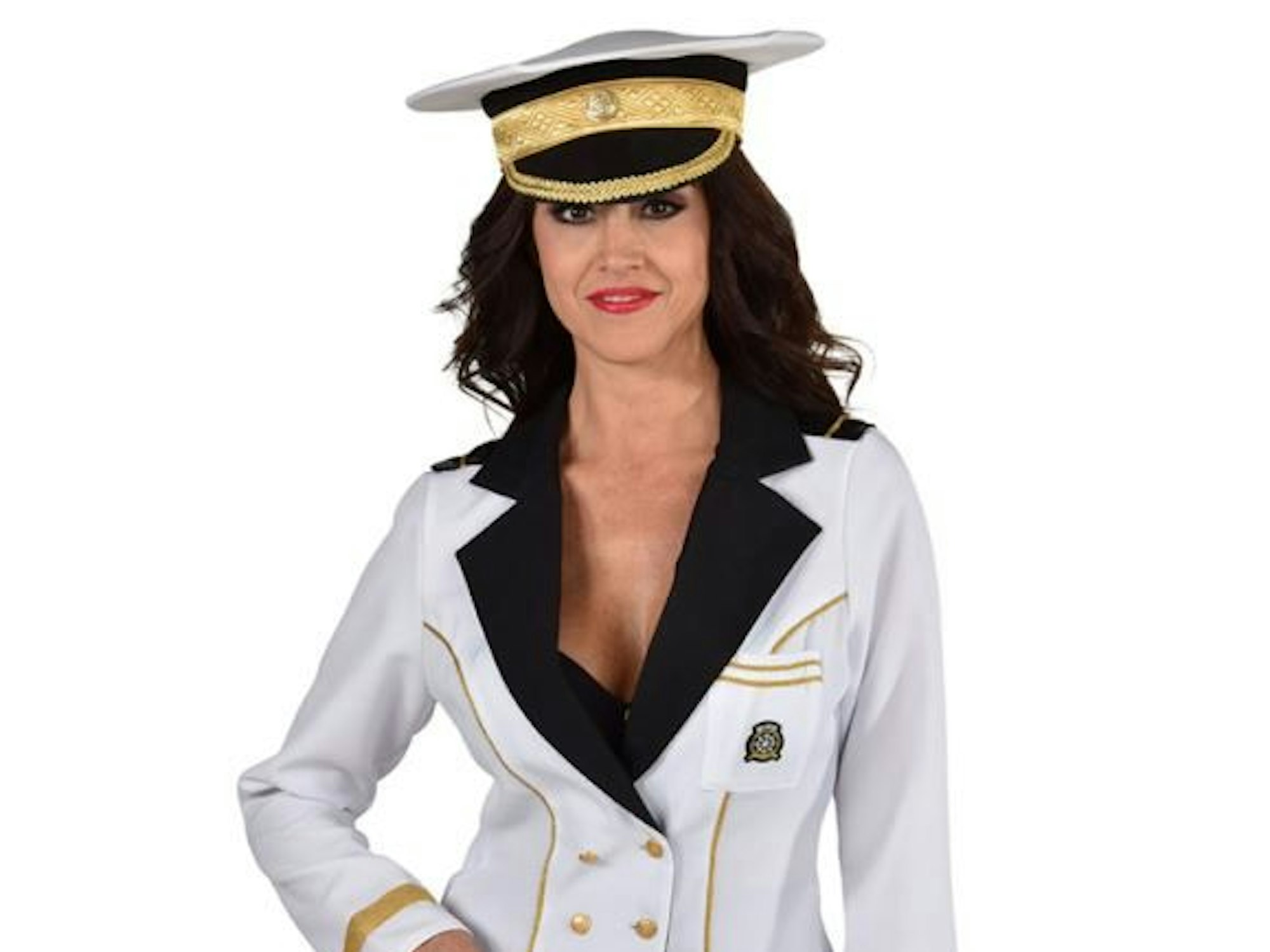 Eine Frau im Kapitänskostüm