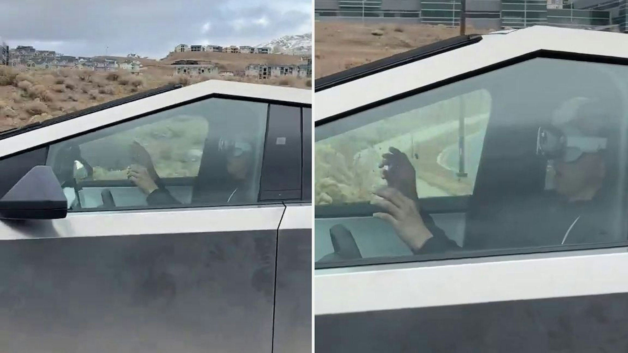 Mann benutzt Apple Vision Pro Brille beim Fahren eines Tesla Cybertrucks
