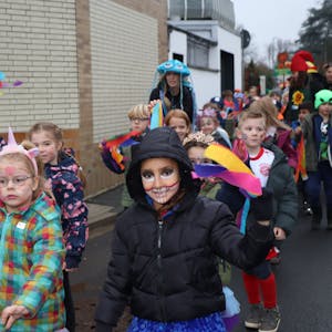 Das Bild zeigt mehrere kostümierte Kinder im Karnevalszug in Erftstadt-Blieshiem
