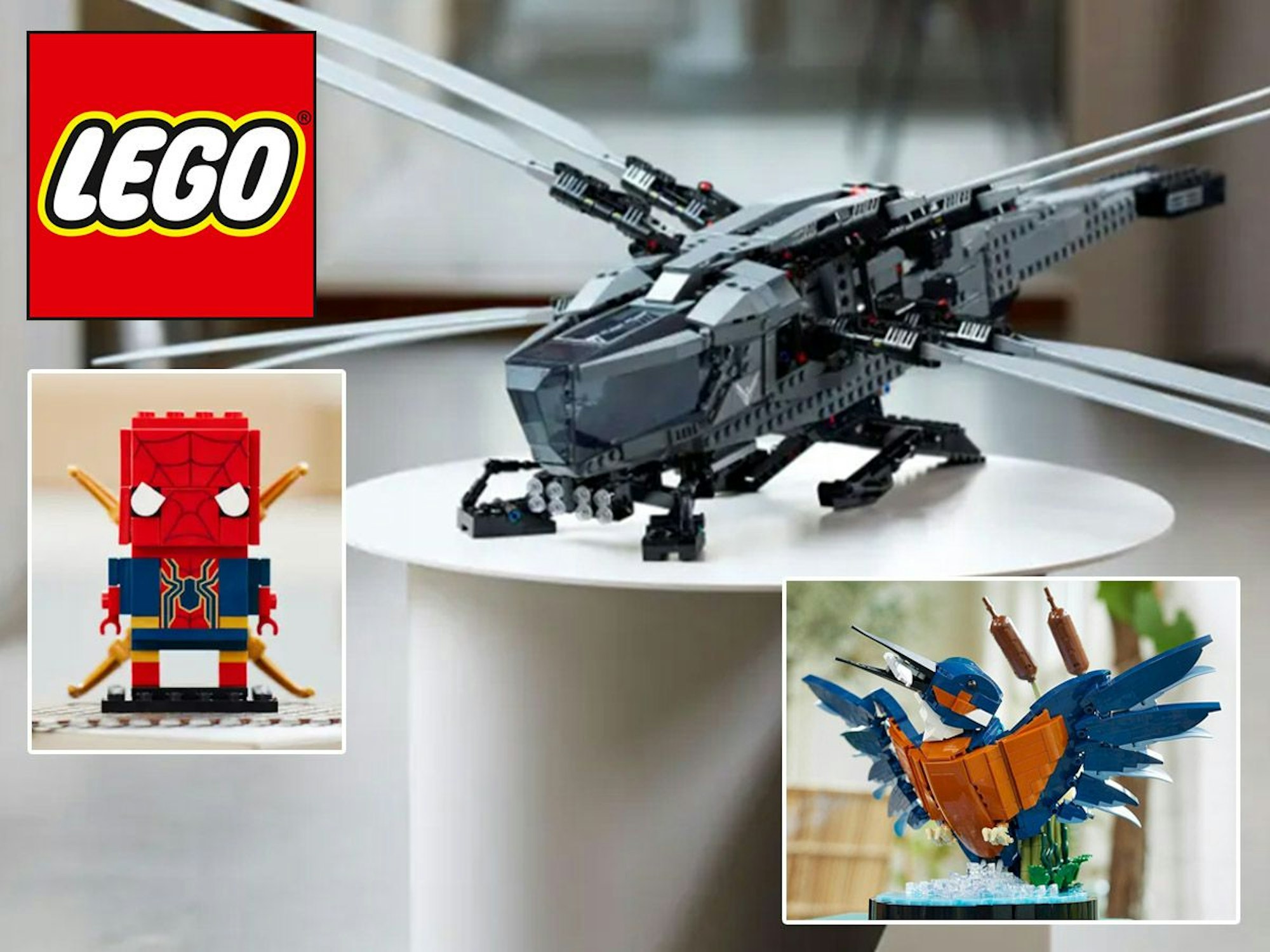 Lego Neuheiten Februar 2024. Stimmungsbilder von Lego mit den Modellen Lego Icons Dune Atreides Ornithopter, Iron Spider-Man, Eisvogel.