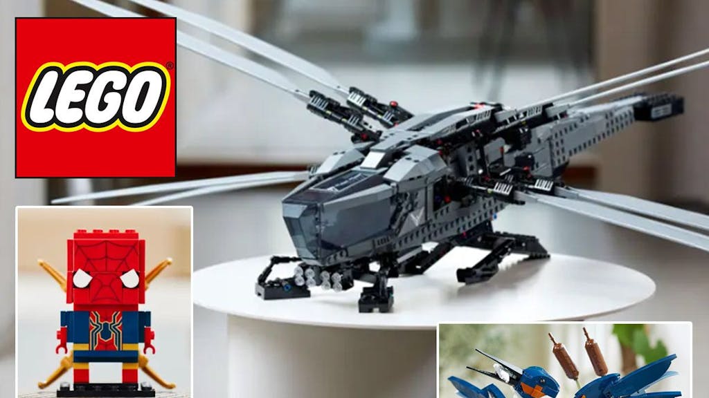 Lego Neuheiten Februar 2024. Stimmungsbilder von Lego mit den Modellen Lego Icons Dune Atreides Ornithopter, Iron Spider-Man, Eisvogel.