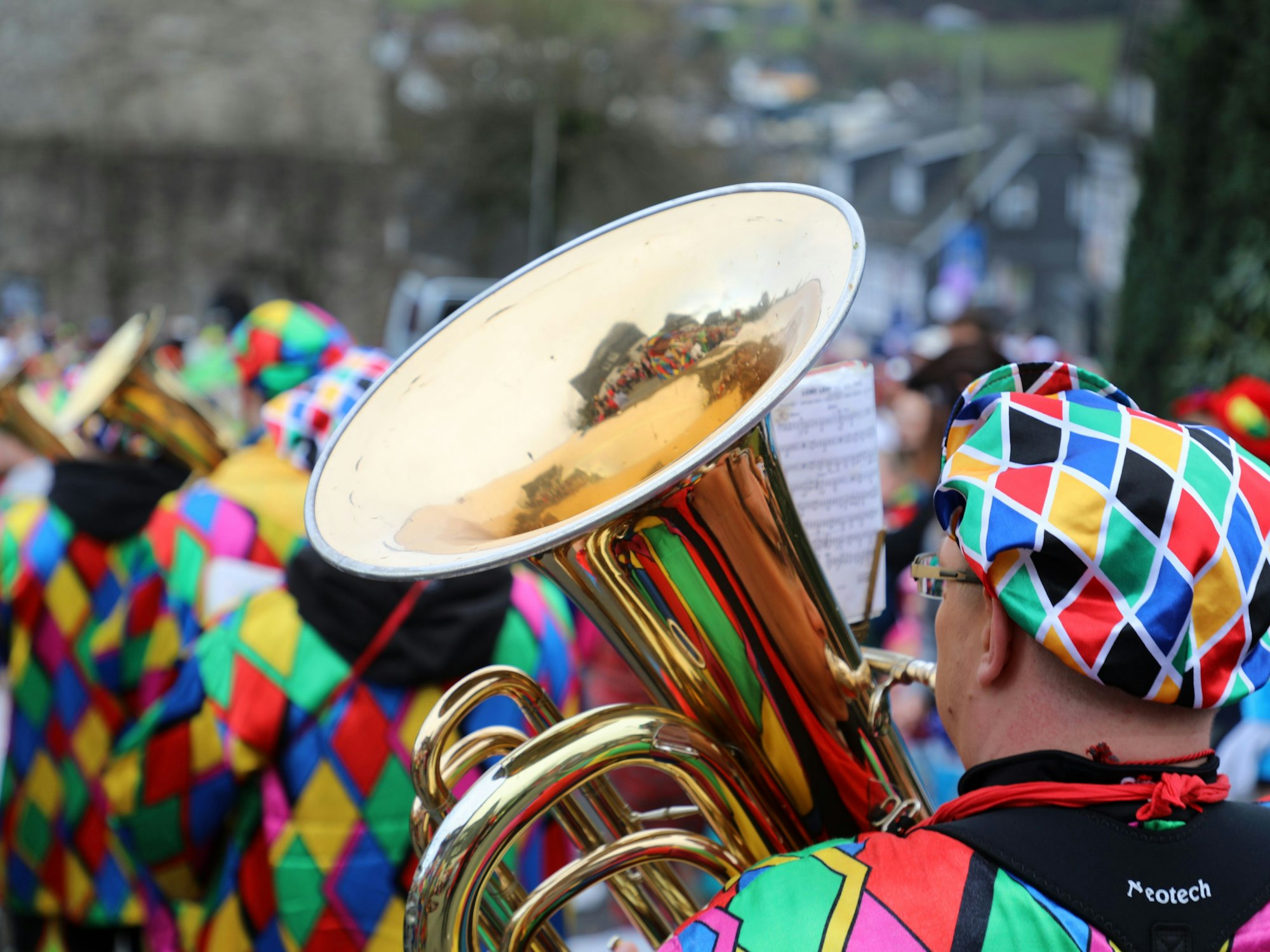 Ein bunt kostümierter Musiker geht mit einer Tuba in einem Karnevalszug mit.