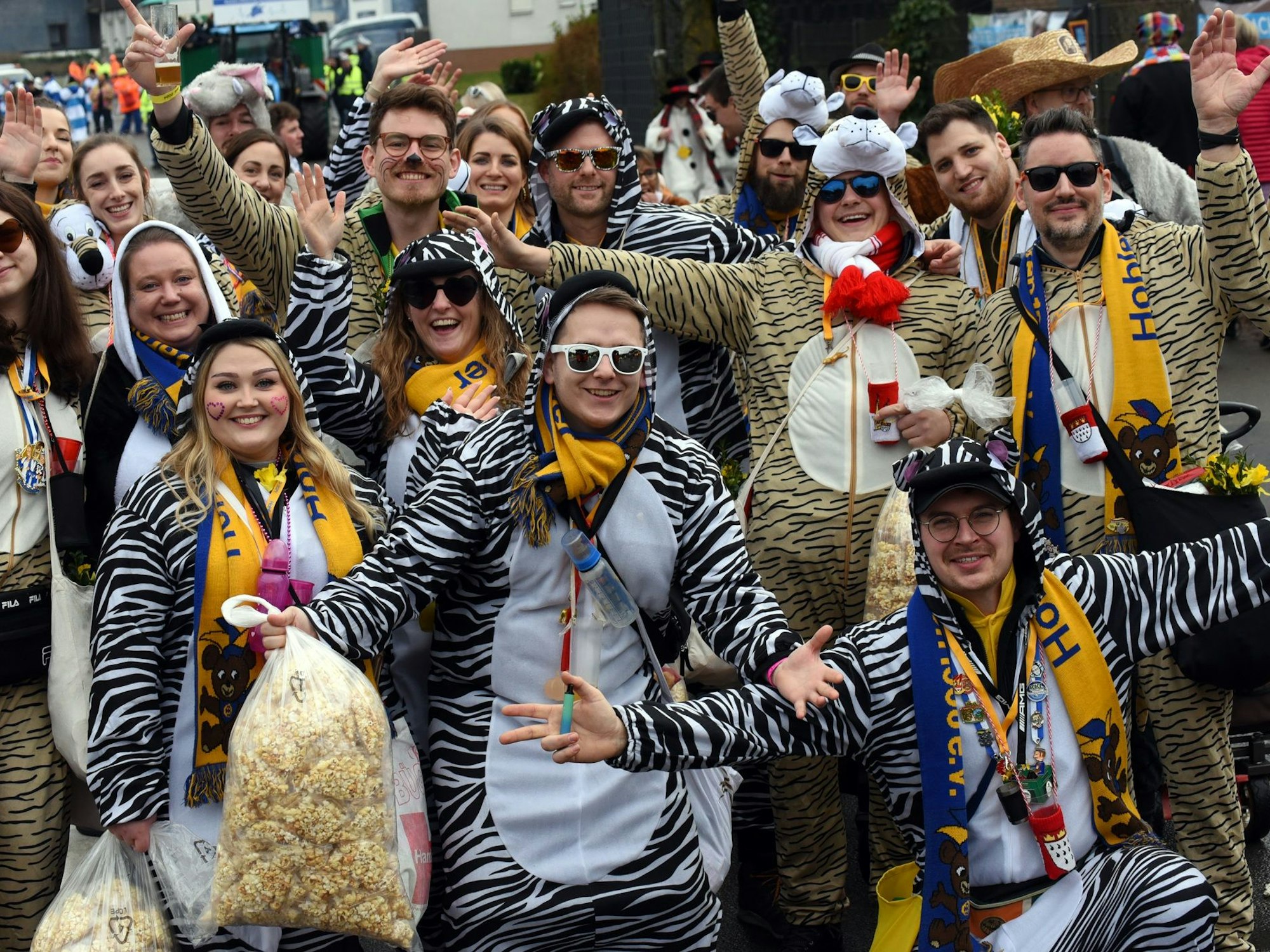 Eine als Zebras und Tiger verkleidete Karnevalsgruppe.