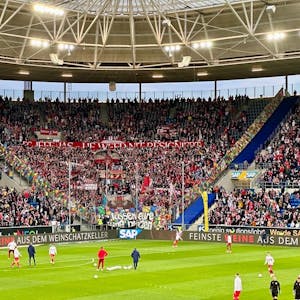 Fans des 1. FC Köln feiern in Hoffenheim mit Bannern und Karnvals-Stimmung