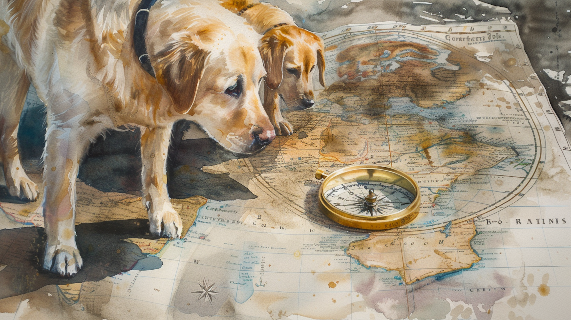 Illustration: Zwei Hunde laufen auf einer Landkarte und betrachten einen Kompass.