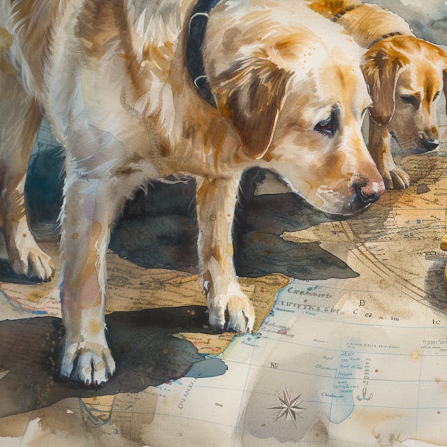 Illustration: Zwei Hunde laufen auf einer Landkarte und betrachten einen Kompass.