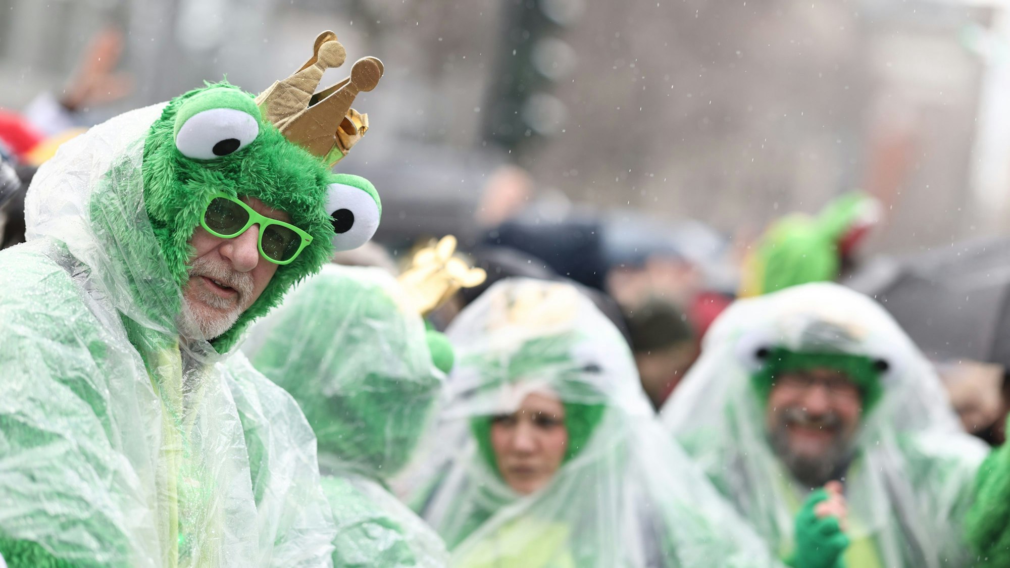 Ein kleiner Schauer hat genau die Kölner Innenstadt getroffen. Deshalb schützen sich diese als Frösche kostümierten Karnevalisten mit Regenumhängen.