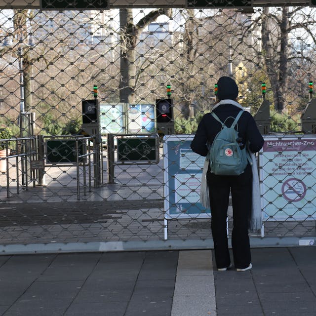 Ein Hinweisschild vor dem vergitterten Haupteingang des Kölner Zoos weist auf die Schließung hin.&nbsp;