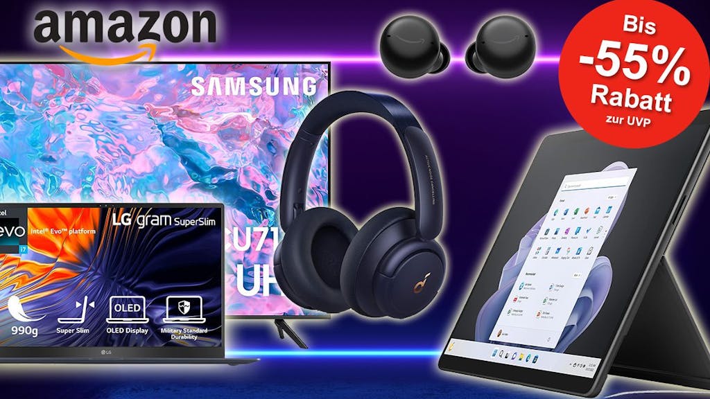 Technik Produkte wie Samsung TV, LG Laptop, Soundcore Kopfhörer und Microsoft Surface