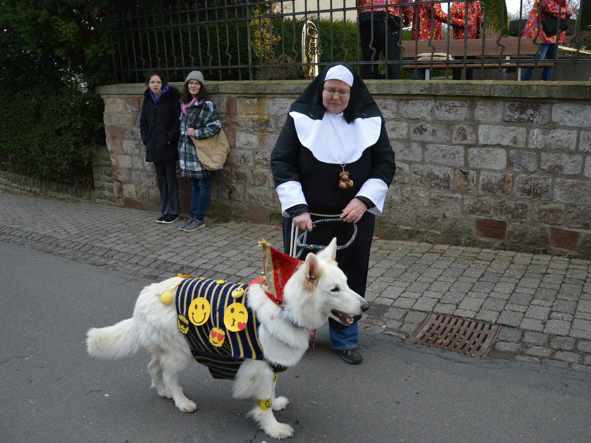Diese Nonne sah sich mit ihrem kostümierten Hund den Umzug an.