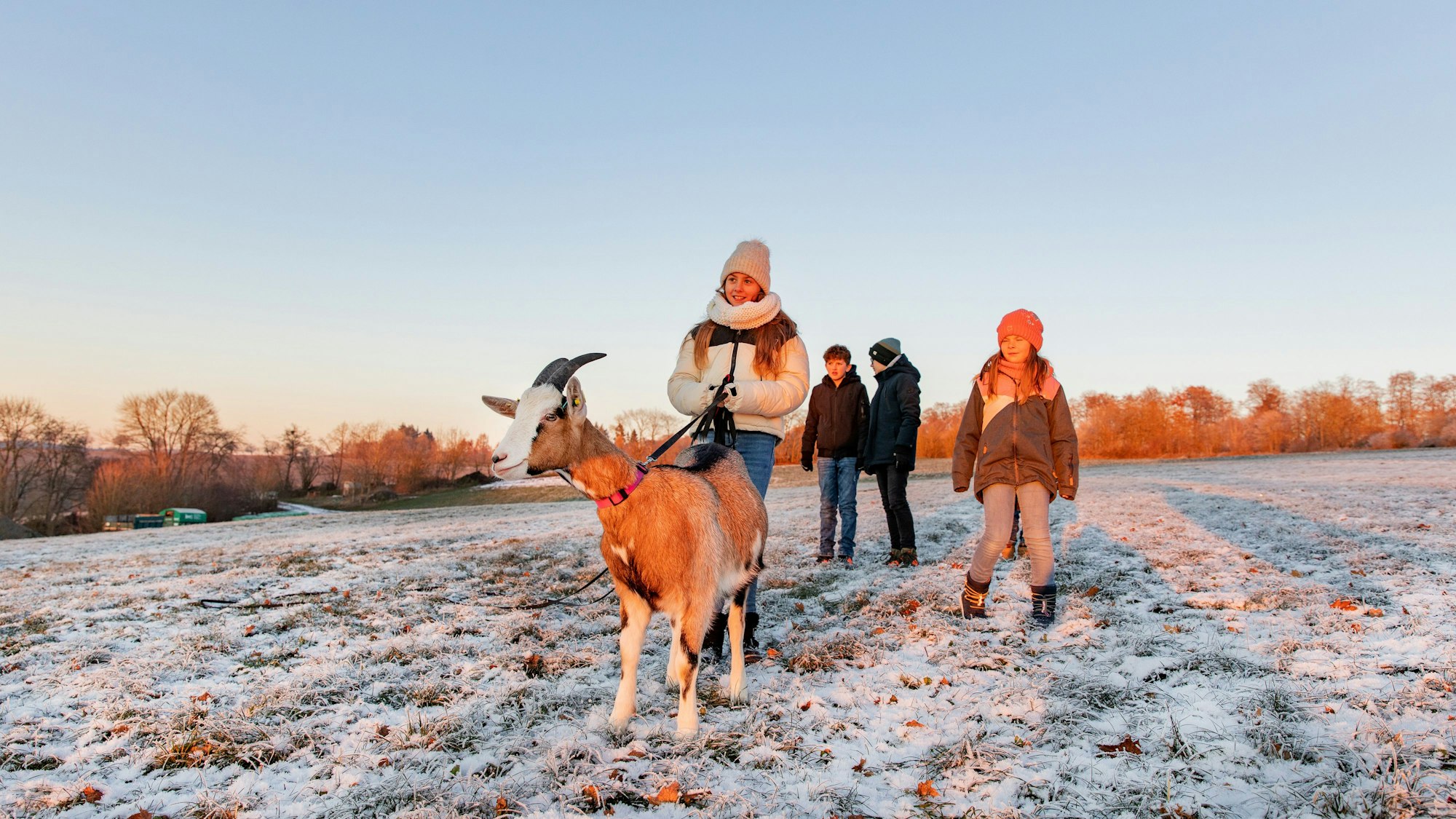 Kinder laufen mit einer Ziege über eine verschneite Wiese