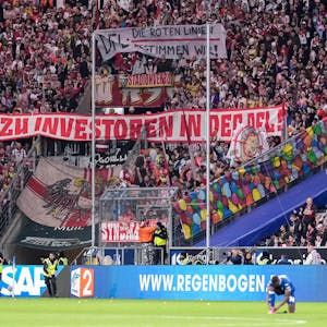 Fans vom 1. FC Köln protestieren beim Bundesligaspiel bei der TSG Hoffenheim gegen den DFL-Investoreneinstieg.