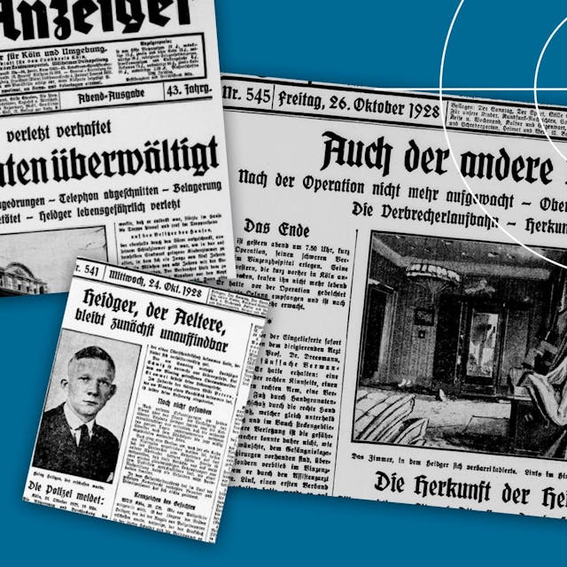Die Flucht der mordenden Brüder Heitger nach Köln - in den Zeitungen mit „d“ geschrieben - sorgte für großen Medienrummel. Zu sehen sind Zeitungsausschnitte auf dem Oktober 1928