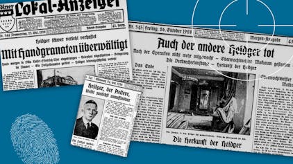 Die Flucht der mordenden Brüder Heitger nach Köln - in den Zeitungen mit „d“ geschrieben - sorgte für großen Medienrummel. Zu sehen sind Zeitungsausschnitte auf dem Oktober 1928