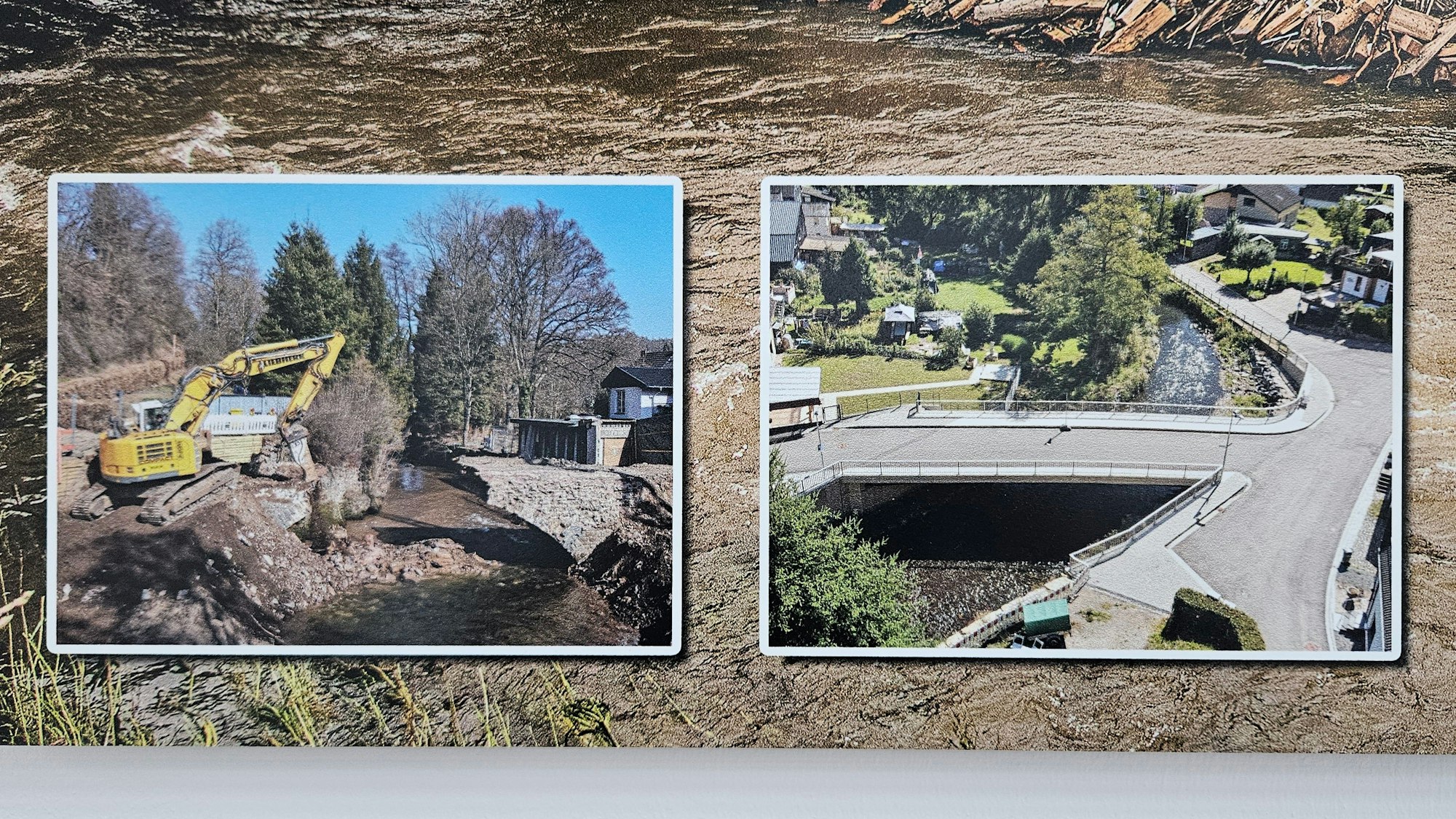 Zwei Fotos zeigen den Abriss der alten und den Bau der neuen Brücke in Oberhausen.