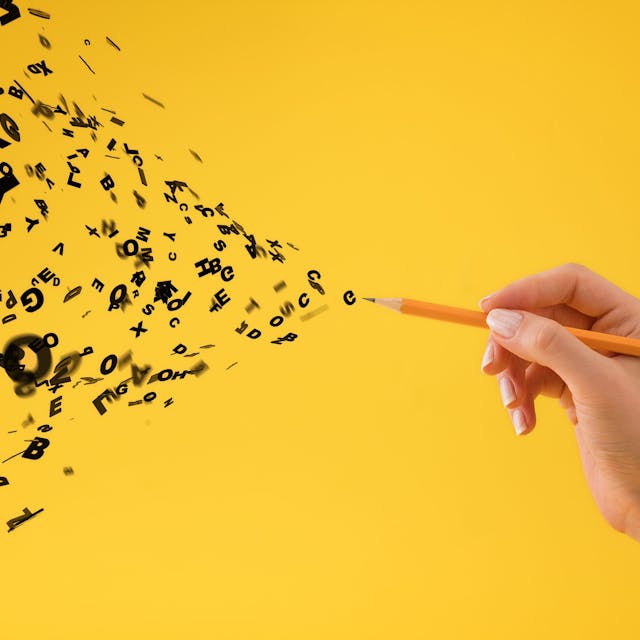 Illustration einer Hand mit Bleistift, aus dem schwarze Buchstaben fliegen