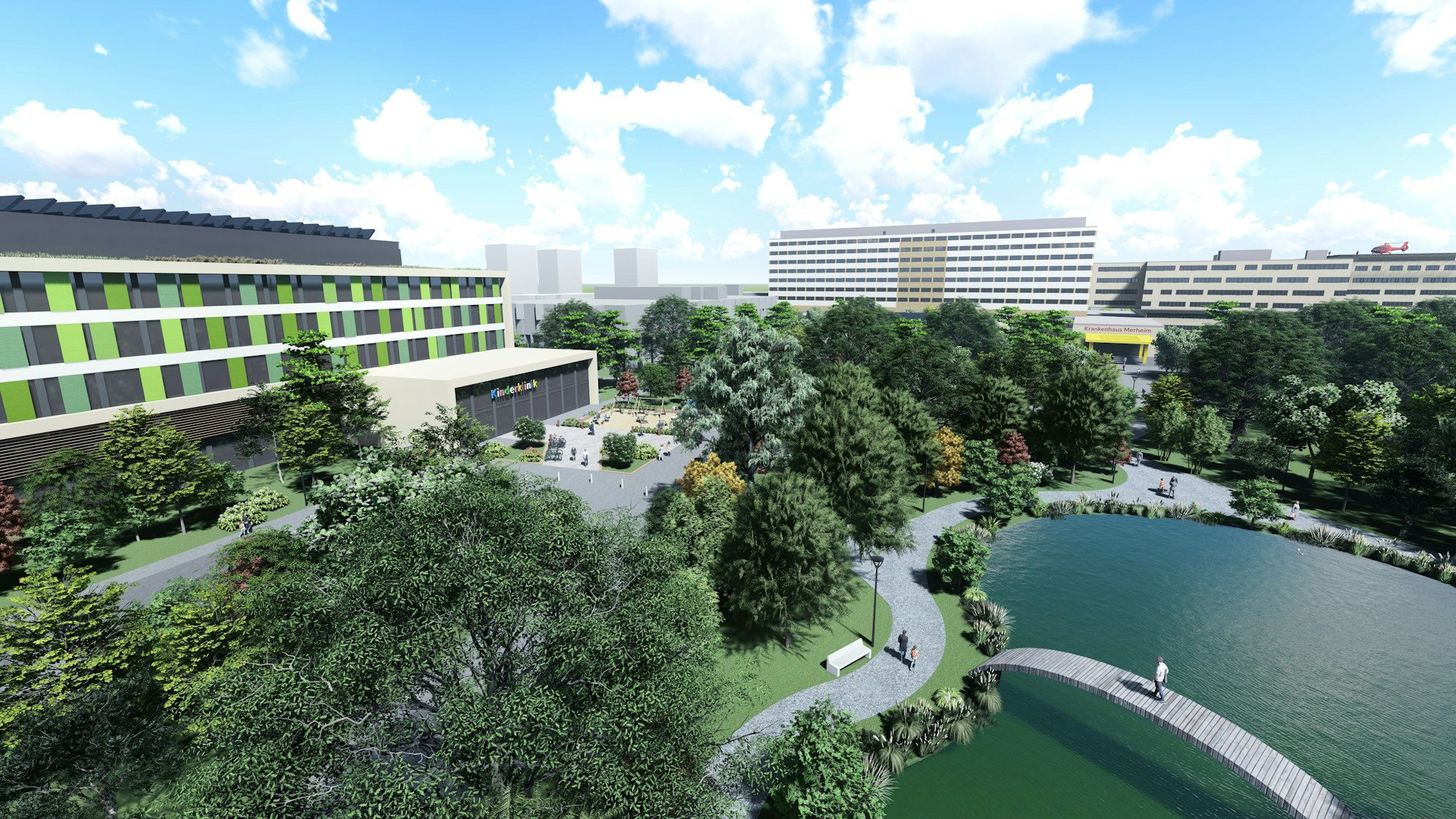 Die Visualisierung zeigt den neuen Campus in Merheim, rund um einen See sind Bäume und Gebäude zu sehen.