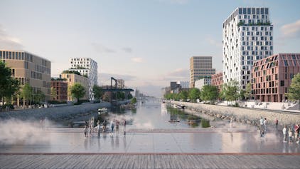 Domblick: Der Deutzer Hafen rund um das Hafenbecken wird bebaut, es soll auch ein Rheinbad geben.