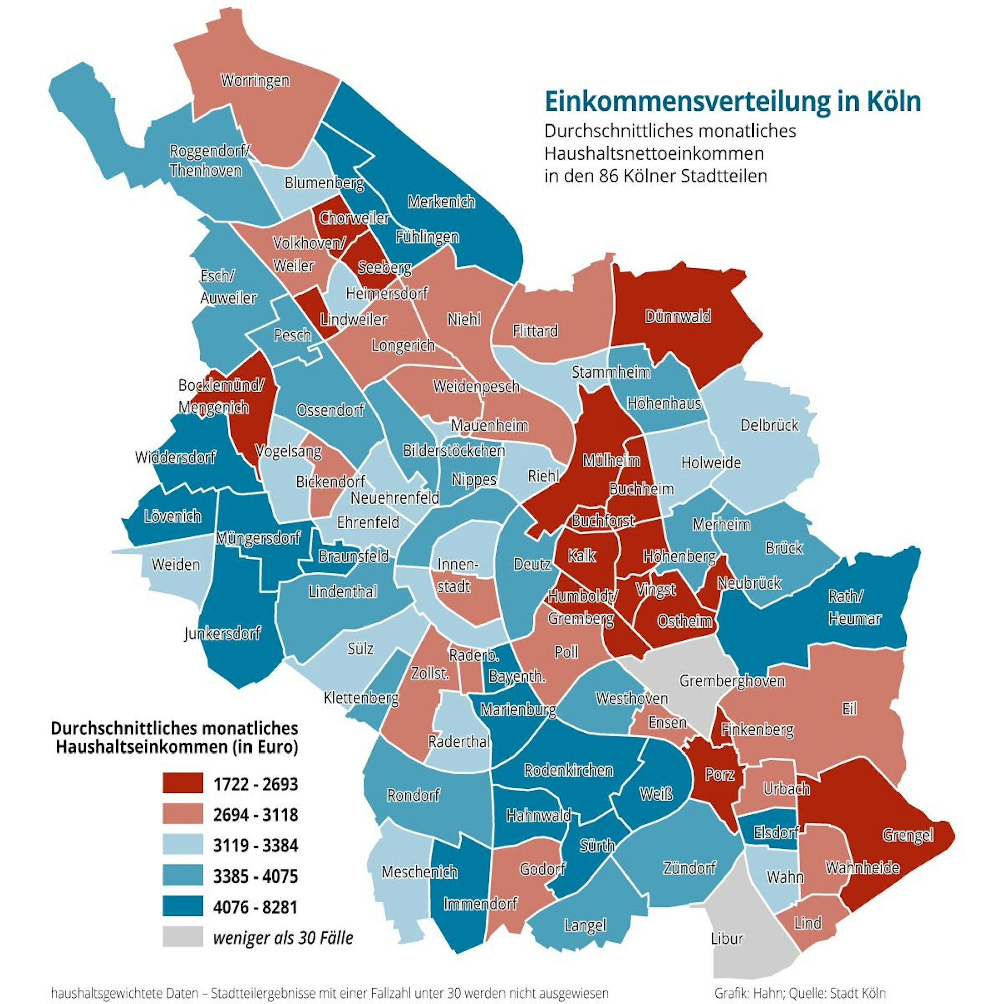 So unterschiedlich sind die Haushaltseinkommen in den Kölner Stadtteilen.