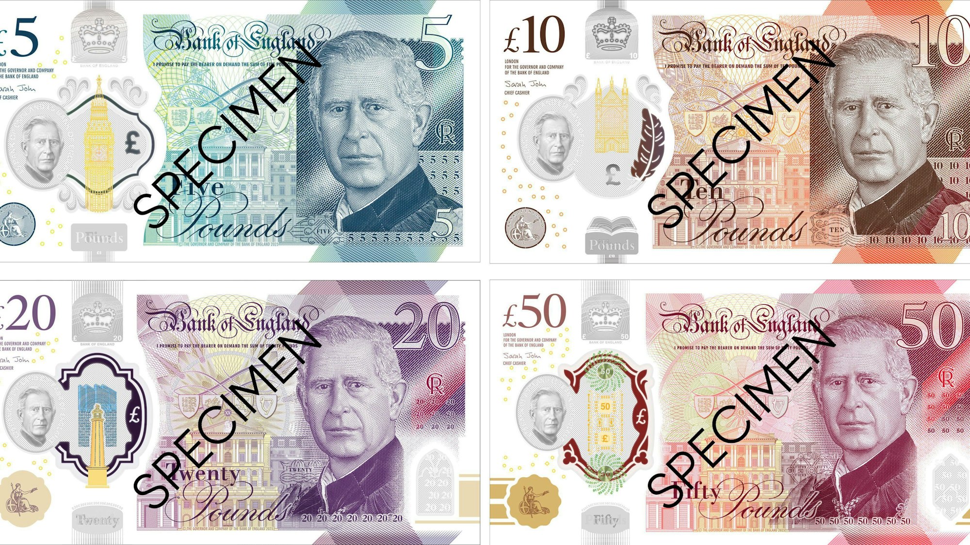 Ein Blick auf die neuen Banknoten mit dem Porträt des britischen Königs Charles III., die am 5. Juni 2024 zum ersten Mal ausgegeben werden sollen.