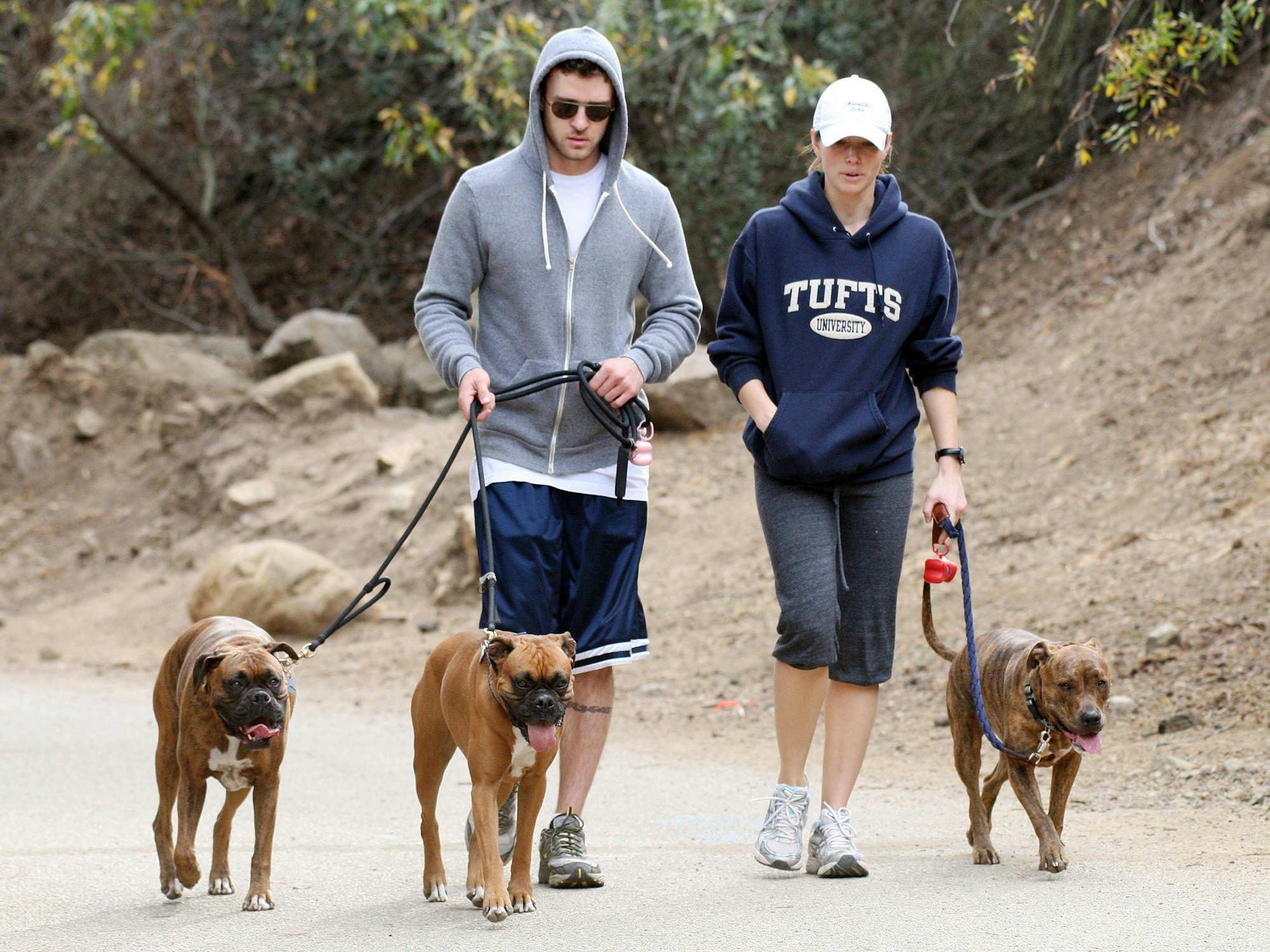 Justin Timberlake und Jessica Biel beim Gassigehen 2008 mit ihren drei Hunden.