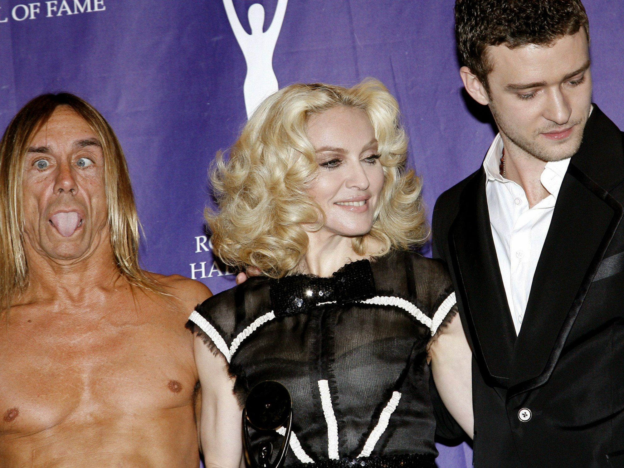 Madonna mit Iggy Pop (links) und Justin Timberlake 2008 in New York