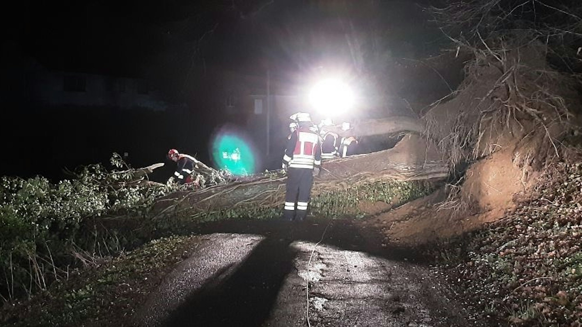Feuerwehrleute stehen in der Nacht an einem über die Straße gestürzten Baum und zersägen ihn.
