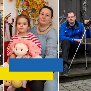 Ukrainekrieg: Ein Soldat, eine Mutter mit Tochter auf dem Schoß und ein junger Mann mit Beinprothese sind in einer Foto-Collage zu sehen.