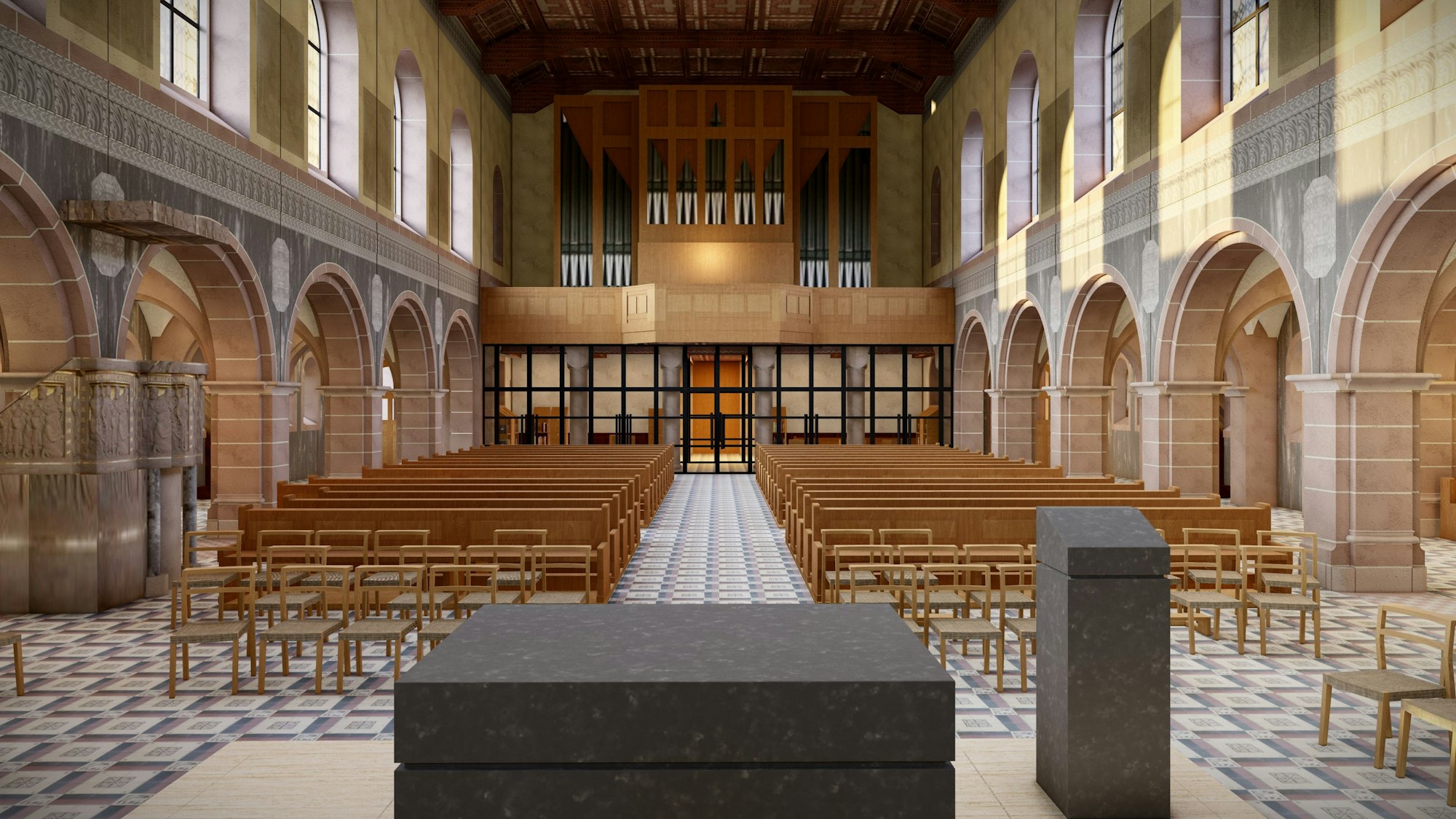 Durch Stühle wird ein Teil der Bänke ersetzt, der Altar „rückt“ zur Gemeinde.