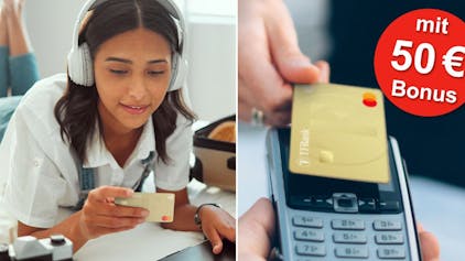 Junge Frau liegt mit goldener Kreditkarte auf Hotelbett vor Laptop. TF Mastercard Gold wird an Kartenlesegerät gehalten.