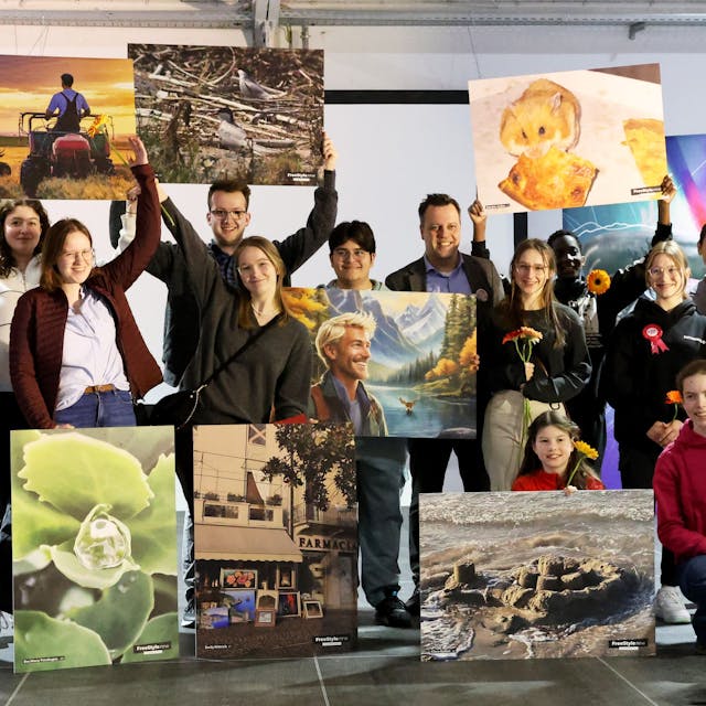 Die Teilnehmer des Projekts "Freestyle Euskirchen" halten ihre Fotografien in die Luft.