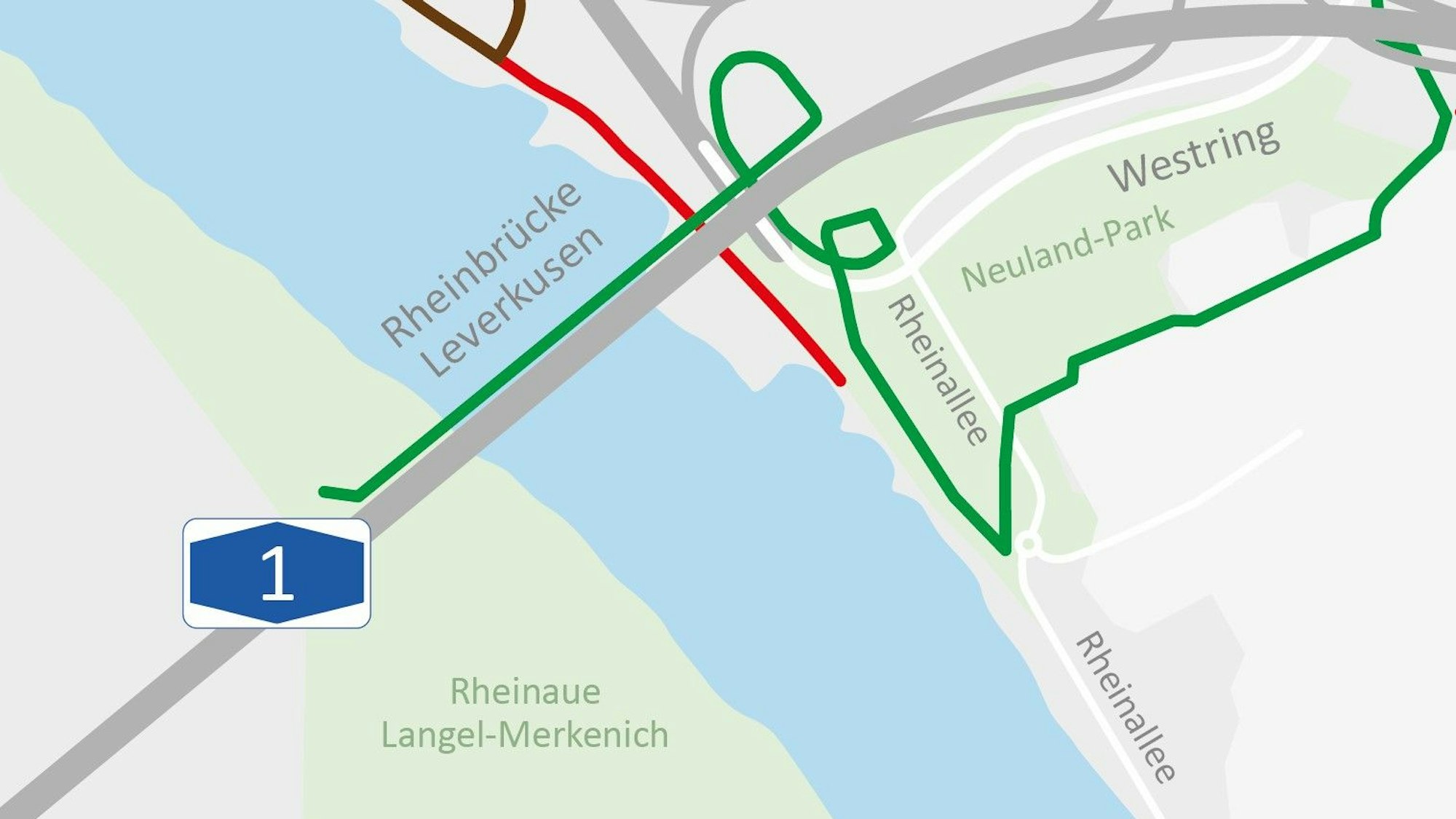 Die Grafik zeigt eine Karte: Aufgang zur neuen Leverkusener Brücke