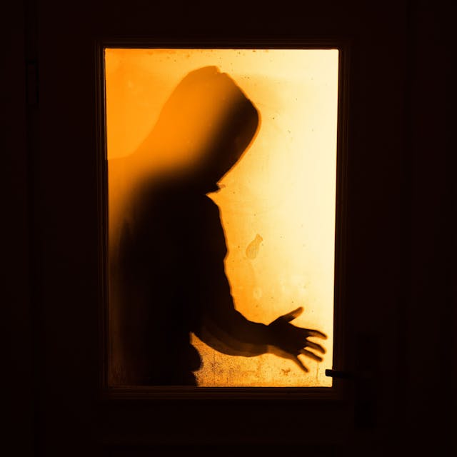 Das Bild zeigt eine Person hinter einer Glasscheibe.