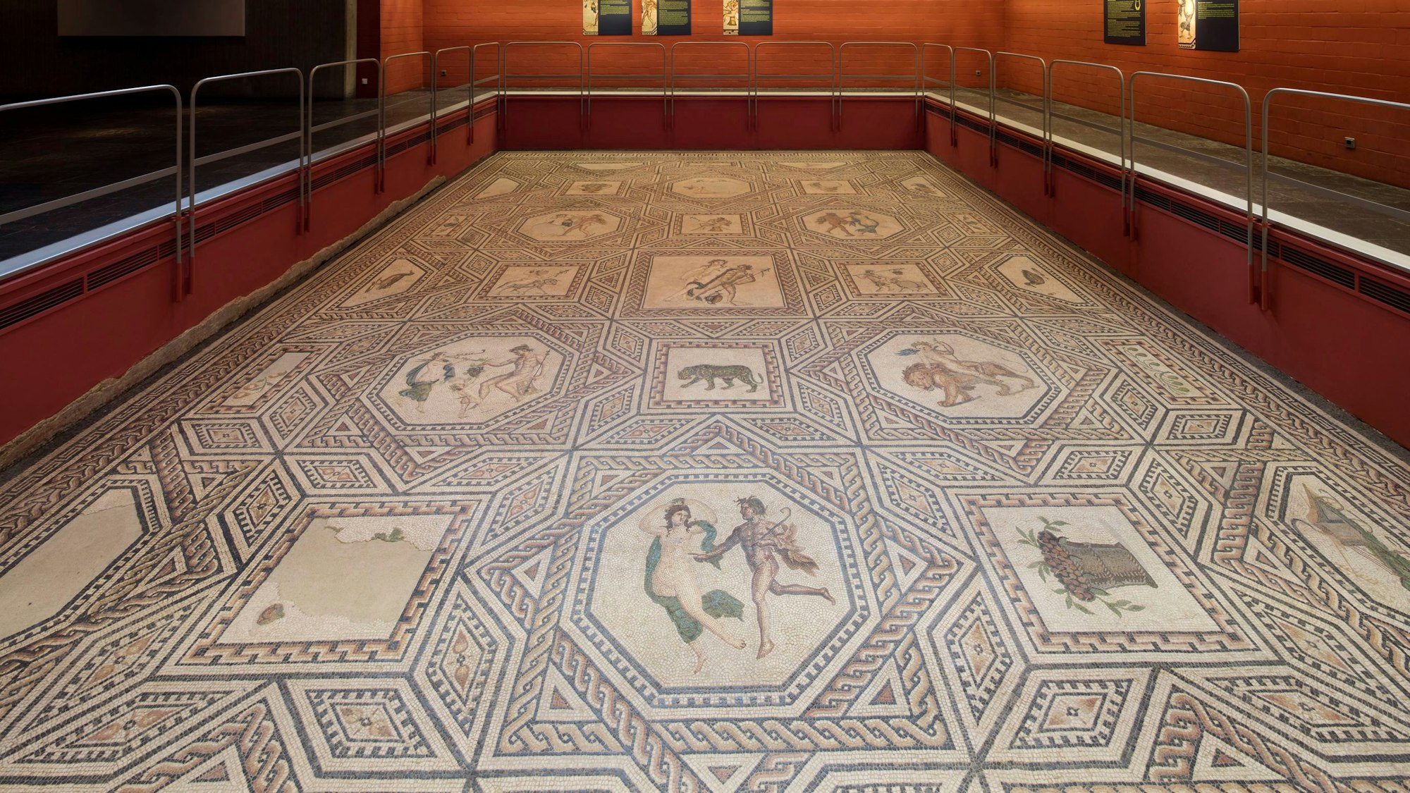 Menschen betrachten das Dionysos-Mosaik durch das Schaufenster zum Roncalliplatz.