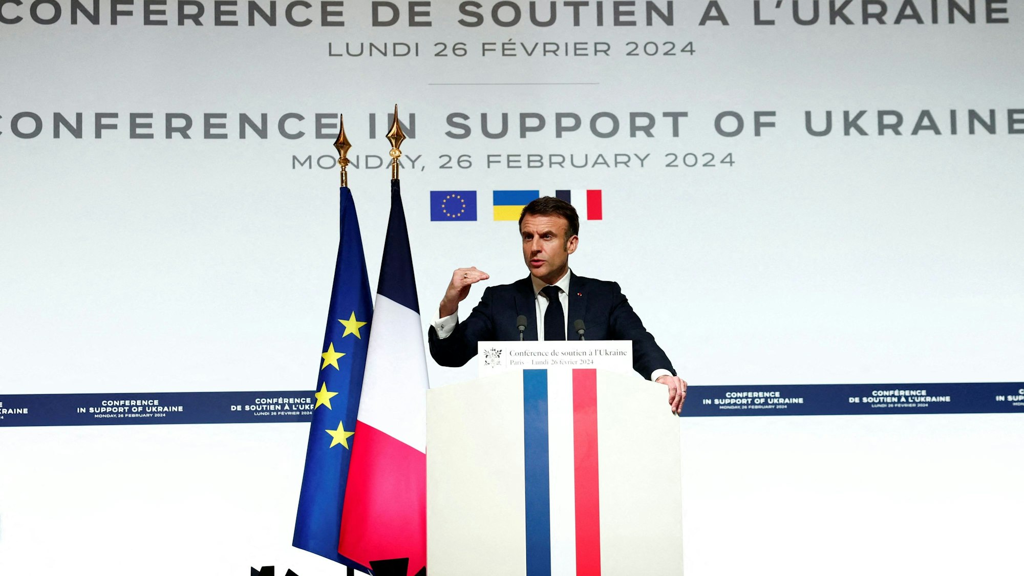 Der französische Präsident Emmanuel Macron hat sich während einer Pressekonferenz zum Abschluss der internationalen Konferenz zur Stärkung der westlichen Unterstützung für die Ukraine ausgesprochen.