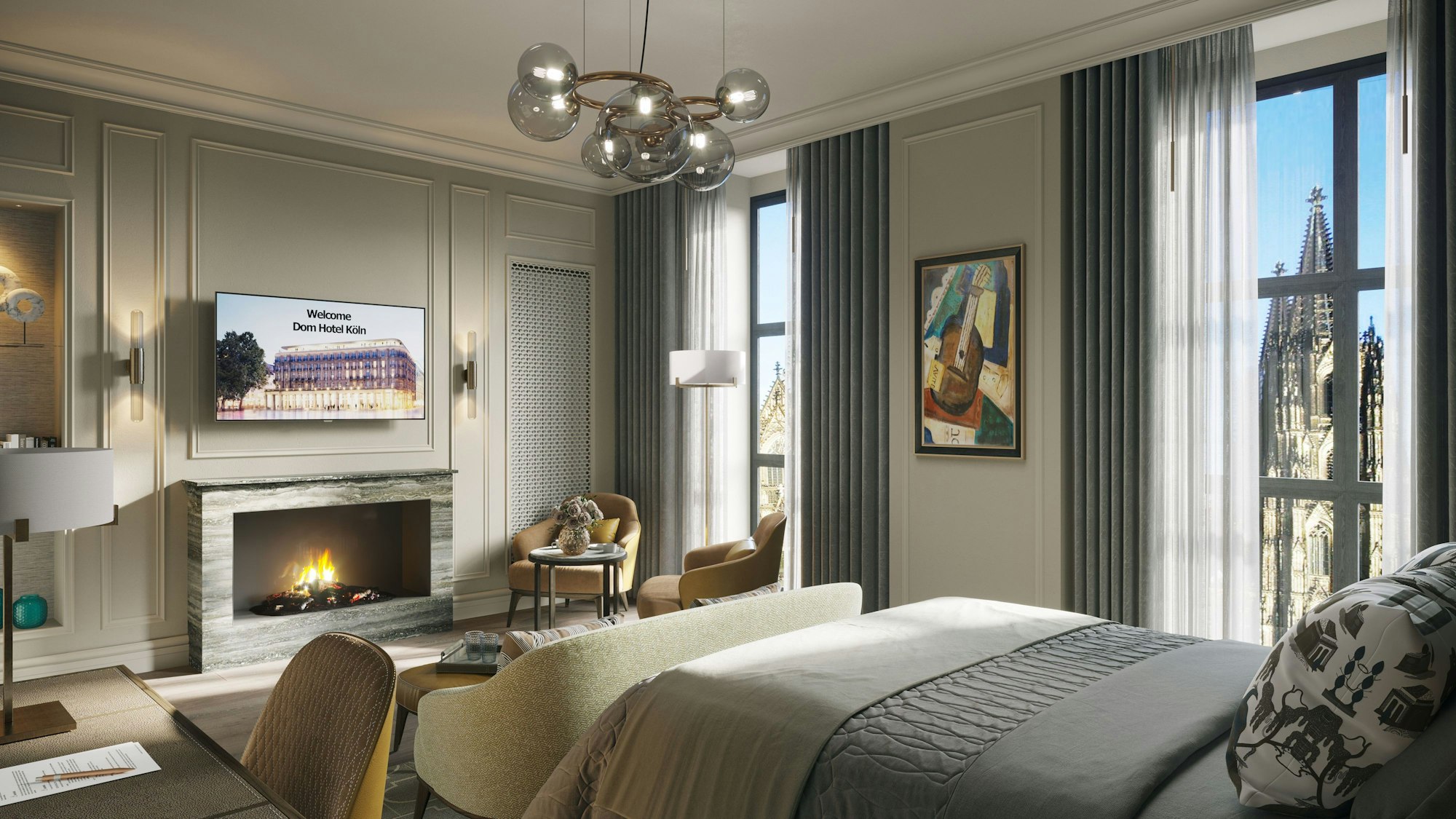 Die Visualisierung zeigt ein fertig eingerichtetes Hotel-Zimmer im Dom-Hotel.