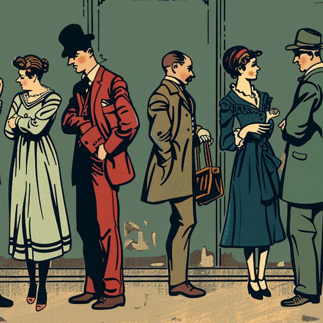 Illustration: Menschen sprechen im Stil einer 1920er-Jahre-Karikatur miteinander