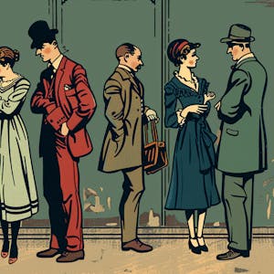 Illustration: Menschen sprechen im Stil einer 1920er-Jahre-Karikatur miteinander