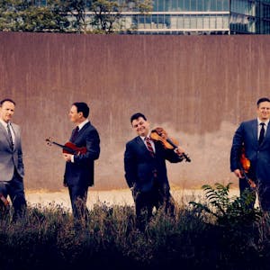 Das Bild zeigt die vier Musiker vor einer Wand im hohen Gras stehen. Alle halten ihre Streichinstrumente in der Hand. Der Cellist trägt einen grauen Anzug, die anderen blaue.&nbsp;