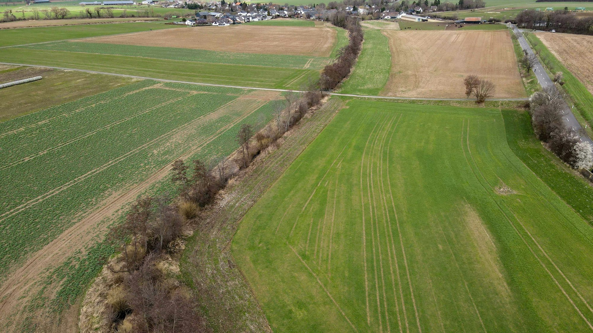 Das Bild zeigt den Ort, an dem der Erftverband vor Schweinheim ein Hochwasserrückhaltebecken errichten will. Es ist eine Aufnahme aus der Luft und zeigt eine Grünfläche.