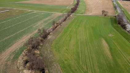 Das Bild zeigt den Ort, an dem der Erftverband vor Schweinheim ein Hochwasserrückhaltebecken errichten will. Es ist eine Aufnahme aus der Luft und zeigt eine Grünfläche.