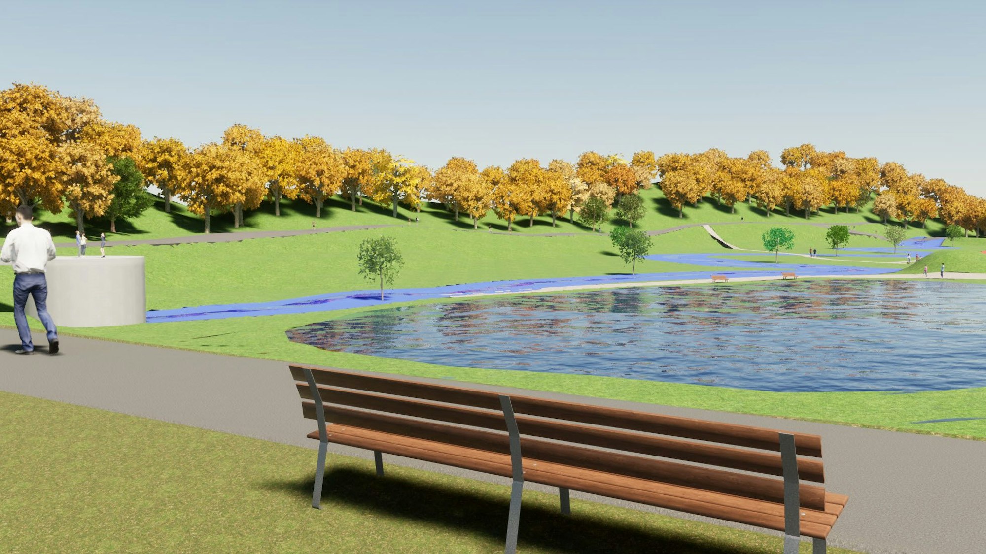Die Darstellung zeigt einen See, umgeben von Hügeln mit Bäumen. Vorne befindet sich eine Sitzbank.
