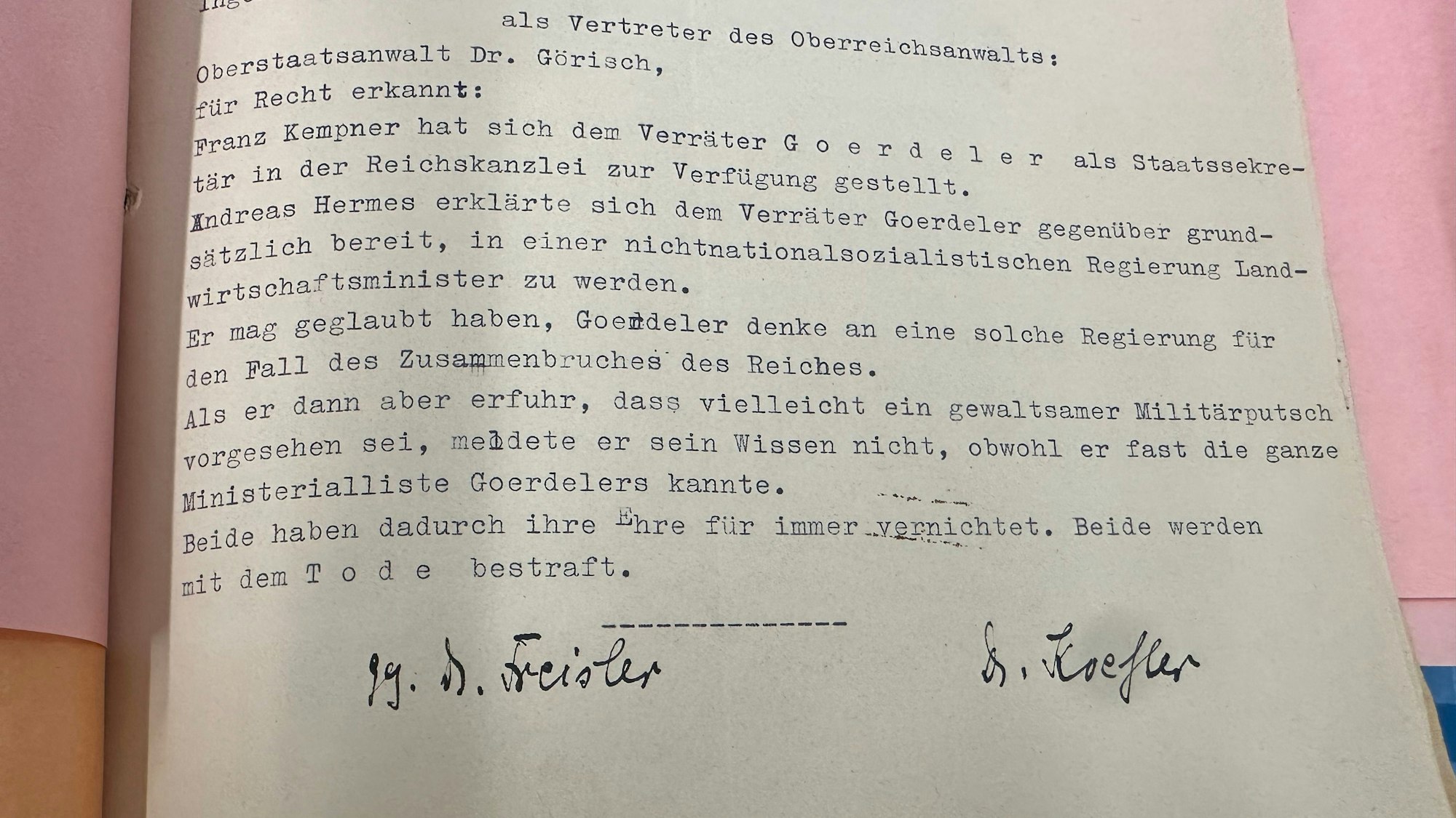 Das Todesurteil gegen Andreas Hermes und Franz Kemper nach dem Attentatsversuch auf Adolf Hitler am 20. Juli 1944 umfasst nur eine DIN-A-4-Seite.